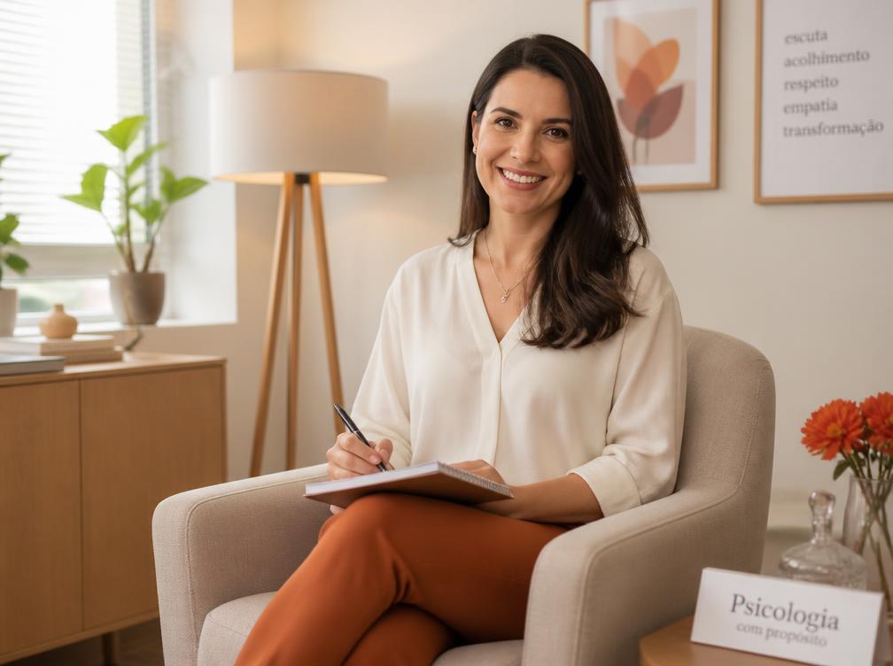 Psicóloga sorrindo em seu consultório